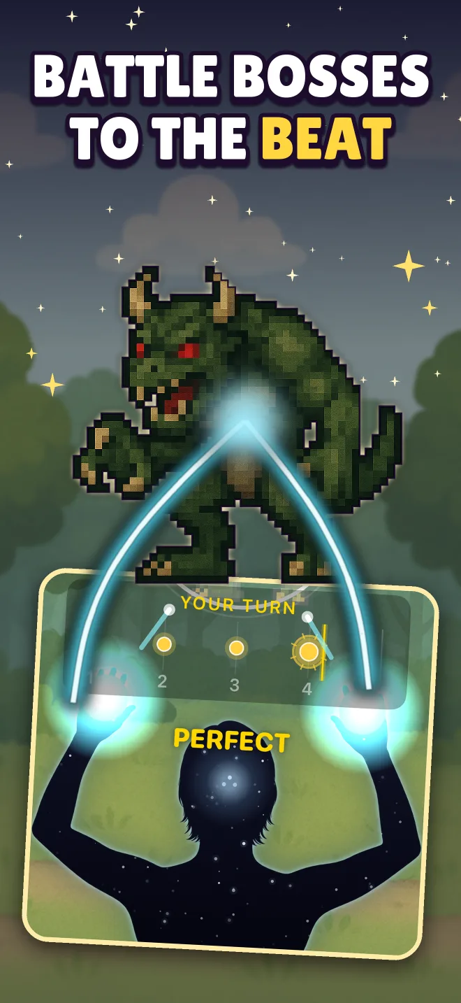 Battle bosses to the beat. The player's glowing hands answer Sordo, and a tap lands Perfect.