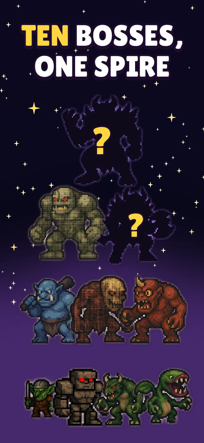Ten bosses, one Spire. Eight bosses stand in rows, and two more hide in shadow behind question marks.