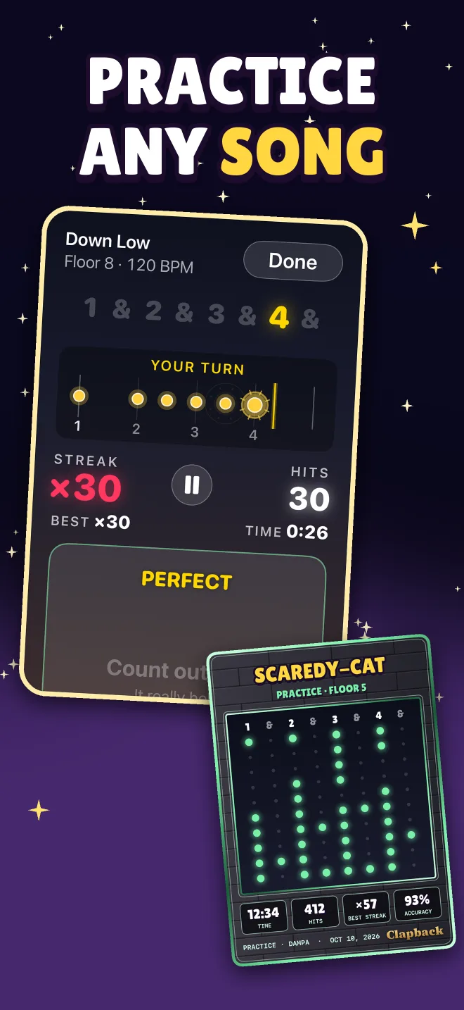 Practice any song. A Practice session on Down Low, the floor 8 song, beside the saved card from a Scaredy-Cat session.