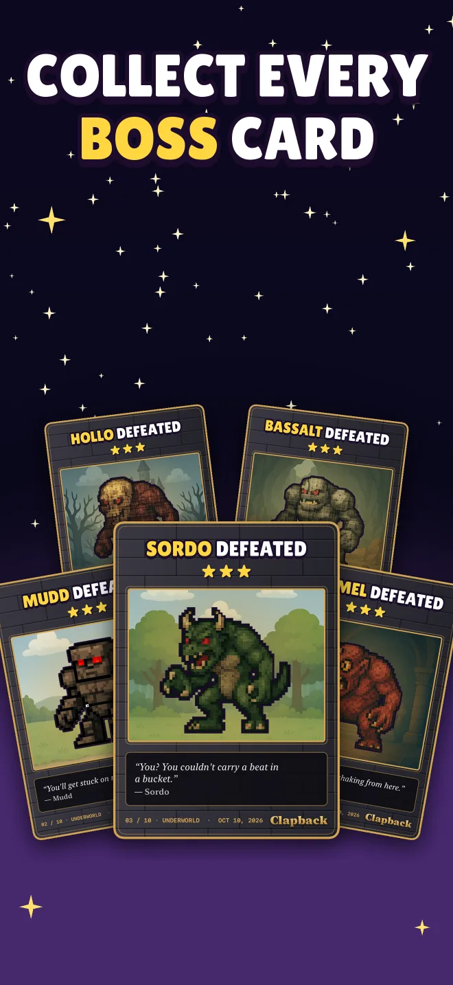 Collect every boss card. Defeated cards for Hollo, Bassalt, Mudd, Sordo and Tremmel.